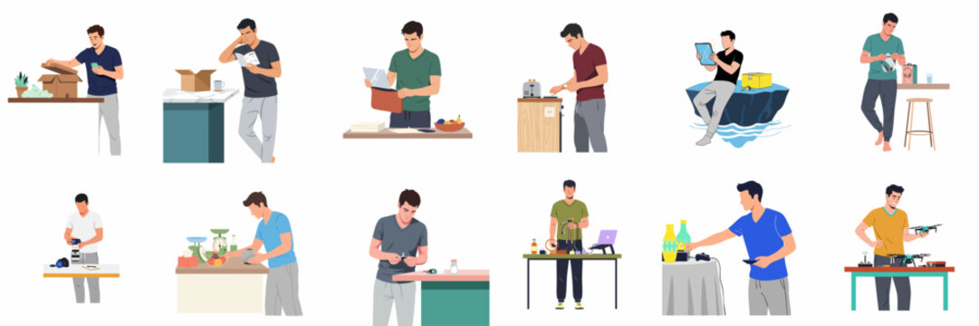 Set of flat illustrations showing a young man unboxing and using various electronic gadgets, household appliances, and consumer products at home.