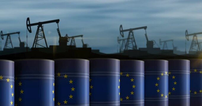 EU oil business and fuel extraction barrels in row seamless and loopable concept. European Union petrol industrial containers.