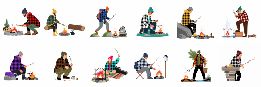 Flat vector illustrations set of people in plaid shirts roasting marshmallows over campfires and enjoying outdoor camping and hiking activities.