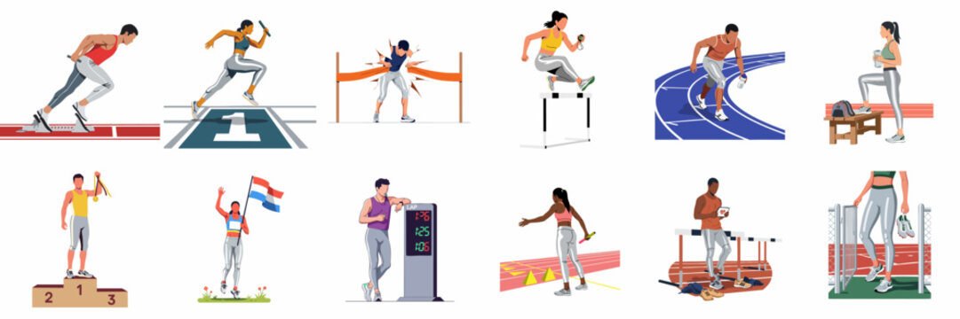 Comprehensive collection of flat illustrations depicting various track and field athletics activities including sprinting, relay racing, hurdling, and winning medals.