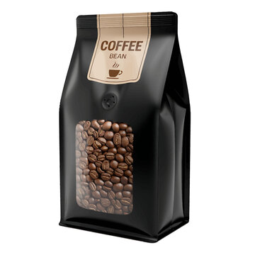 Black bag of coffee beans with transparent window and label