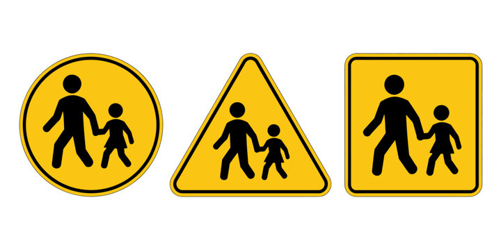Yellow pedestrian crossing signs with child and adult silhouettes  road safety symbols