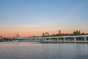 Promenade of Palmeral de Las Sorpresas at dawn in Malaga. Spain