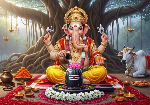 Ganesha sitting in front of shiva linga with offerings and decorations