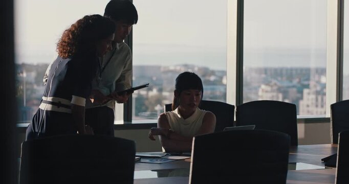 Review, brief or people in office with laptop, feedback or budget insight in funding pitch. Collaboration, advice or finance consultants with tech, proposal idea or portfolio check in investment plan