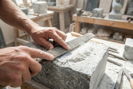 Sculptor using a coarse metal rasp to shape a rough stone block in a dusty workshop
