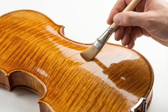 Luthier carefully applying a shiny golden varnish to the wooden back of a violin