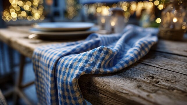 Rustic table with blue white gingham fabric and ceramic plate