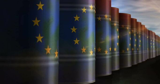 EU oil business and fuel extraction barrels in row seamless and loopable concept. European Union petrol industrial containers.