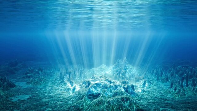 School of fish swim underwater near ocean floor with sunlight shining down