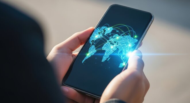 A person holding a smartphone with a glowing blue world map on the screen