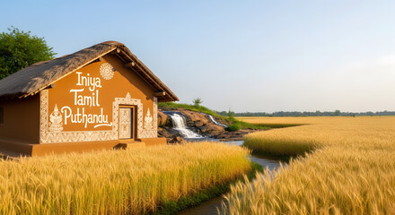 Obraz premium Iniya Tamil Puthandu Text Mural Traditional Village Hut Rice Field Waterfall Landscape Nature Agriculture Culture Scene Illustration