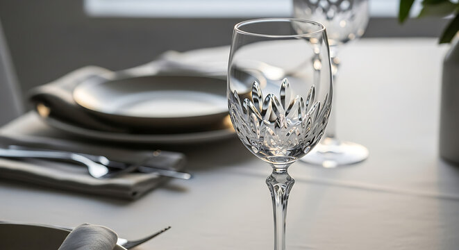 Luxury engraved crystal wine glass with intricate patterns on a set dining table professional catering and high-end restaurant service for gala event.