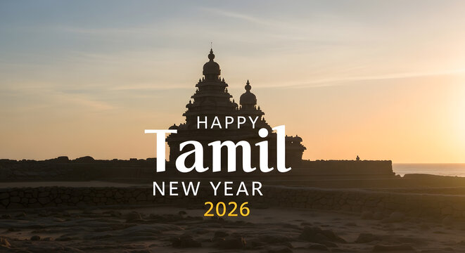 Tamil New Year 2026 Celebration Banner Silhouette Shore Temple Mahabalipuram Sunrise Sunset Landmark Monument Heritage Site