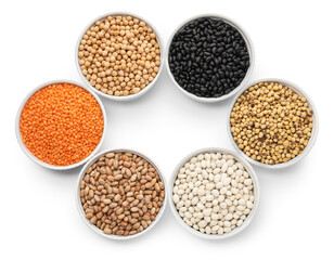 Fototapeta premium Different vegan products rich in protein isolated on white, top view