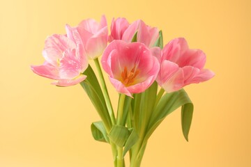 Fototapeta premium Beautiful pink tulips on pale yellow background, closeup