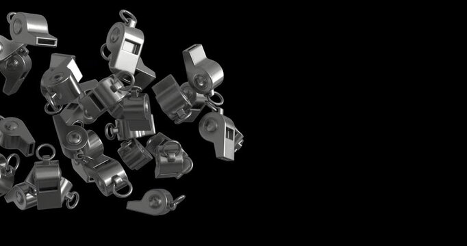 3D whistle transition animation with multiple metallic whistles sweeping across the screen. Ideal for sports, referee, school, alert themed videos, and motion graphics projects. 4K UHD with alpha chan