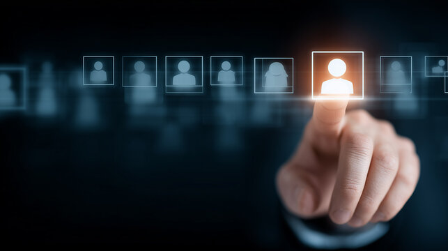 A finger selecting a user profile on a virtual interface representing customer targeting, recruitment, and digital audience segmentation.
