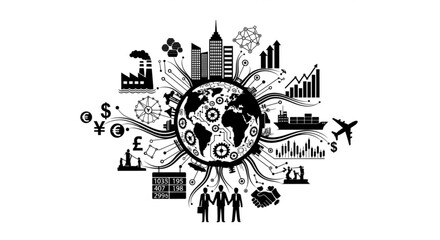 Obraz premium Global business and industry concept with interconnected icons of finance, transport, and technology surrounding the Earth.
