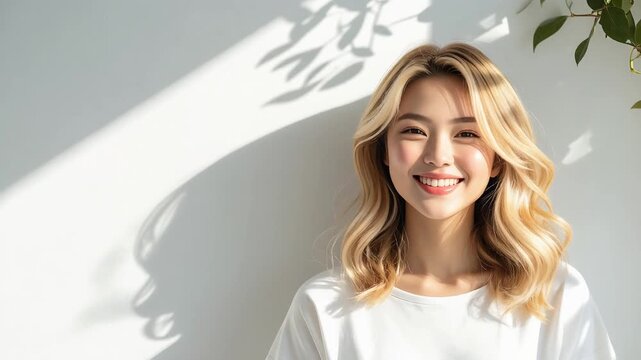 Blonde woman smiling gently against bright background with leaf shadows expressing calm lifestyle and approachable personality