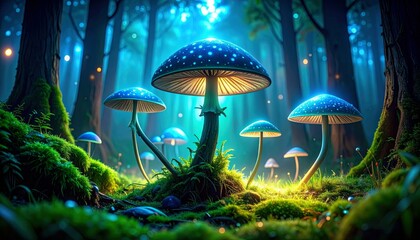 Fototapeta premium Luminous Blue Polka-Dot Mushrooms in a Mystical Forest with Ethereal Light Beams