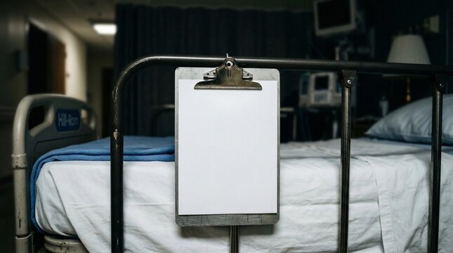 Blank Medical Clipboard Hanging On Footboard Of Hospital Bed
