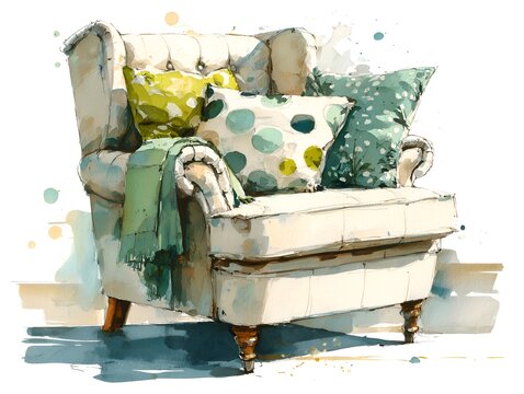 An inviting armchair adorned with decorative pillows and a soft blanket presents a cozy scene in a bright and airy living space setting.