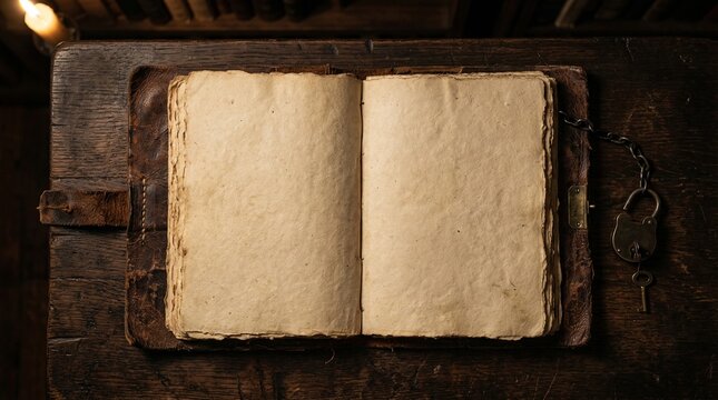 Open Antique Leather Book With Blank Pages Resting On Wooden Desk