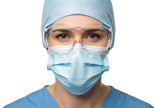 Healthcare professional wearing surgical mask goggles and cap close up portrait isolated on white background