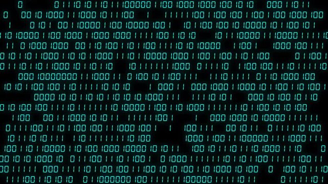 Fast changing turquoise binary digits on dark screen, glowing cyber data background animation.