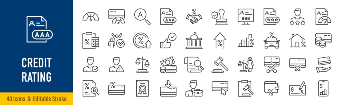 Credit Rating and score web icons in line style. Financial scoring, mortgage, money, guarantors, auditor, collection. Vector illustration.