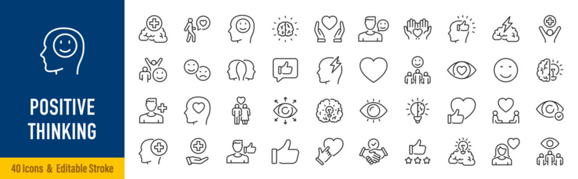 Positive thinking web icons in line style. Lifestyle, charity, optimism, happiness, psychology, love, collection. Vector illustration.
