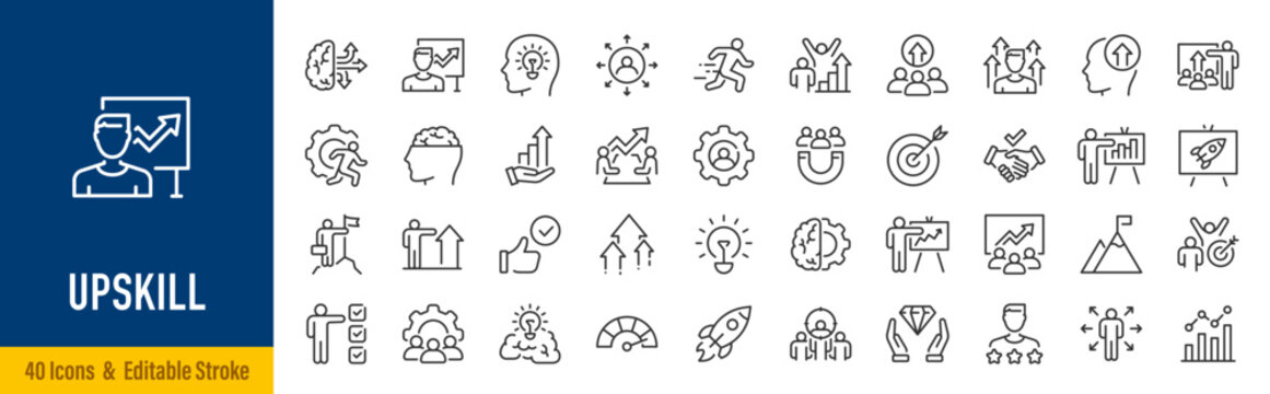 Upskill web icons in line style. Reskill, progress, strategy, skill, collection. Vector illustration.
