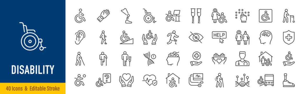 Disability web icons in line style. Wheelchair, disabled people, blind, disabled, assistance, deafness, collection. Vector illustration.
