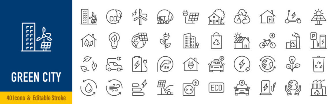 Green city web icons in line style. Green energy, autonomous building, efficient, environment, recycle technology, renewable solar, collection. Vector illustration.