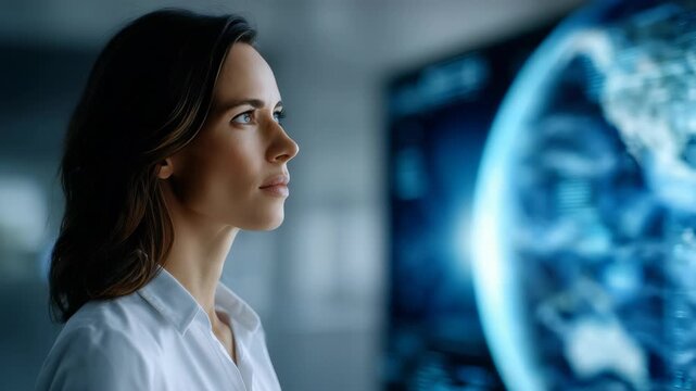 A professional woman stands in a high tech office, focusing on a large digital world map display. The scene represents global connectivity, innovation, and future oriented business strategy