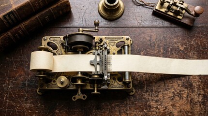 Vintage Brass Telegraph Machine Printing Blank Paper Strip On Desk © sxcd