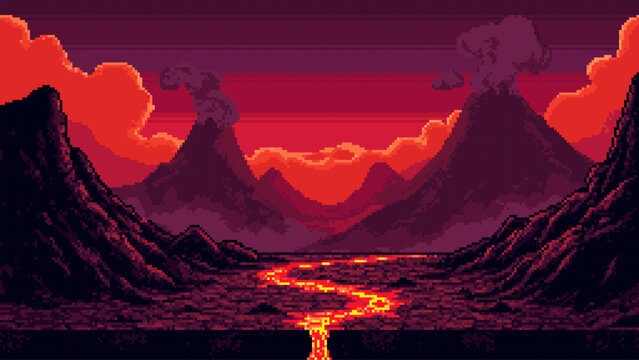 Pixel art landscape of erupting volcano with river of lava. Retro gaming background featuring mountains and hot magma flow. Digital illustration of volcanic eruption in darkness.