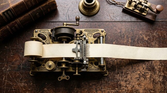 Vintage Brass Telegraph Machine Printing Blank Paper Strip On Desk