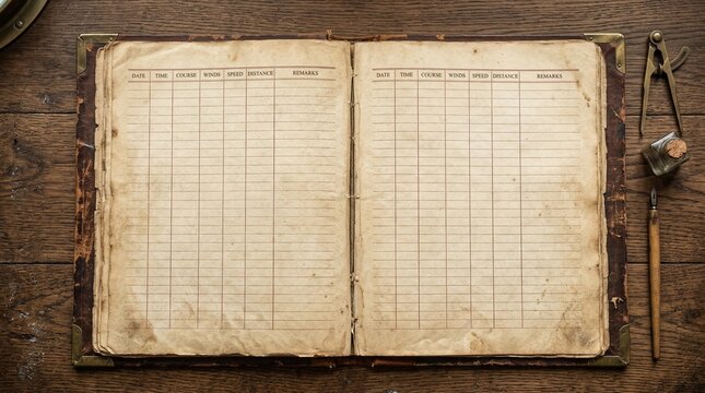Open Antique Nautical Logbook Resting On Rustic Wooden Desk