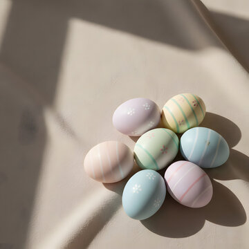 Elegant Easter eggs on pastel background with soft shadows