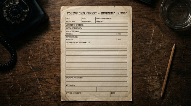 Vintage Blank Police Incident Report On Scratched Wooden Desk
