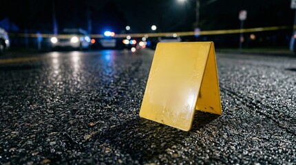 Blank Yellow Crime Scene Marker Resting On Wet Asphalt Street © sxcd