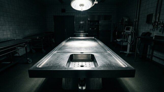 Empty Stainless Steel Autopsy Table Illuminated In Dark Morgue