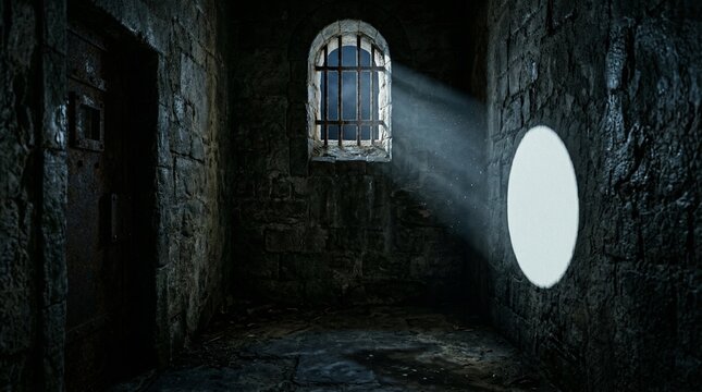 Sunlight Piercing Through Barred Window Illuminating Blank Stone Wall