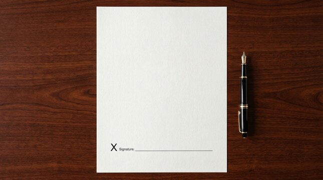Blank Document With Signature Line And Fountain Pen On Wooden Desk