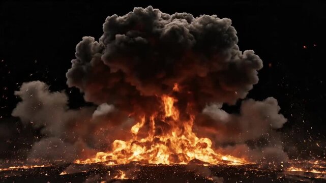 4K high-impact fire burst explosion with alpha channel, powerful ignition expanding outward with dense flames, smoke traces and glowing embers, ultra-detailed fire simulation