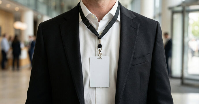 Man In Black Suit Wearing Lanyard With Blank White ID Badge