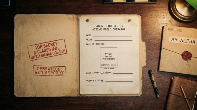 Open Top Secret Dossier With Blank Agent Profile On Wooden Desk
