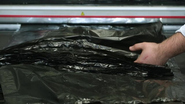 A machine in a factory makes plastic bags, an operator adjusts the finished bags by hand